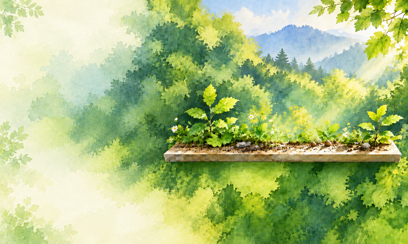 陽光森林中的水彩花草石台，幼苗與小花在山景前生長。