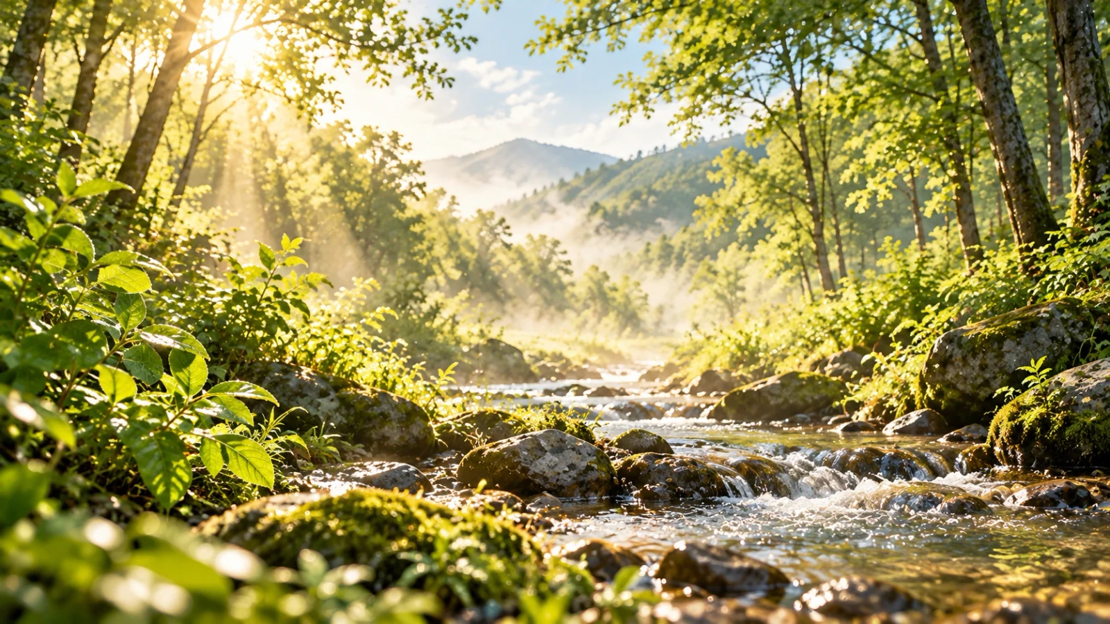 生成式森林意象：晨光照亮林間溪流、青苔石與遠方山嵐。
