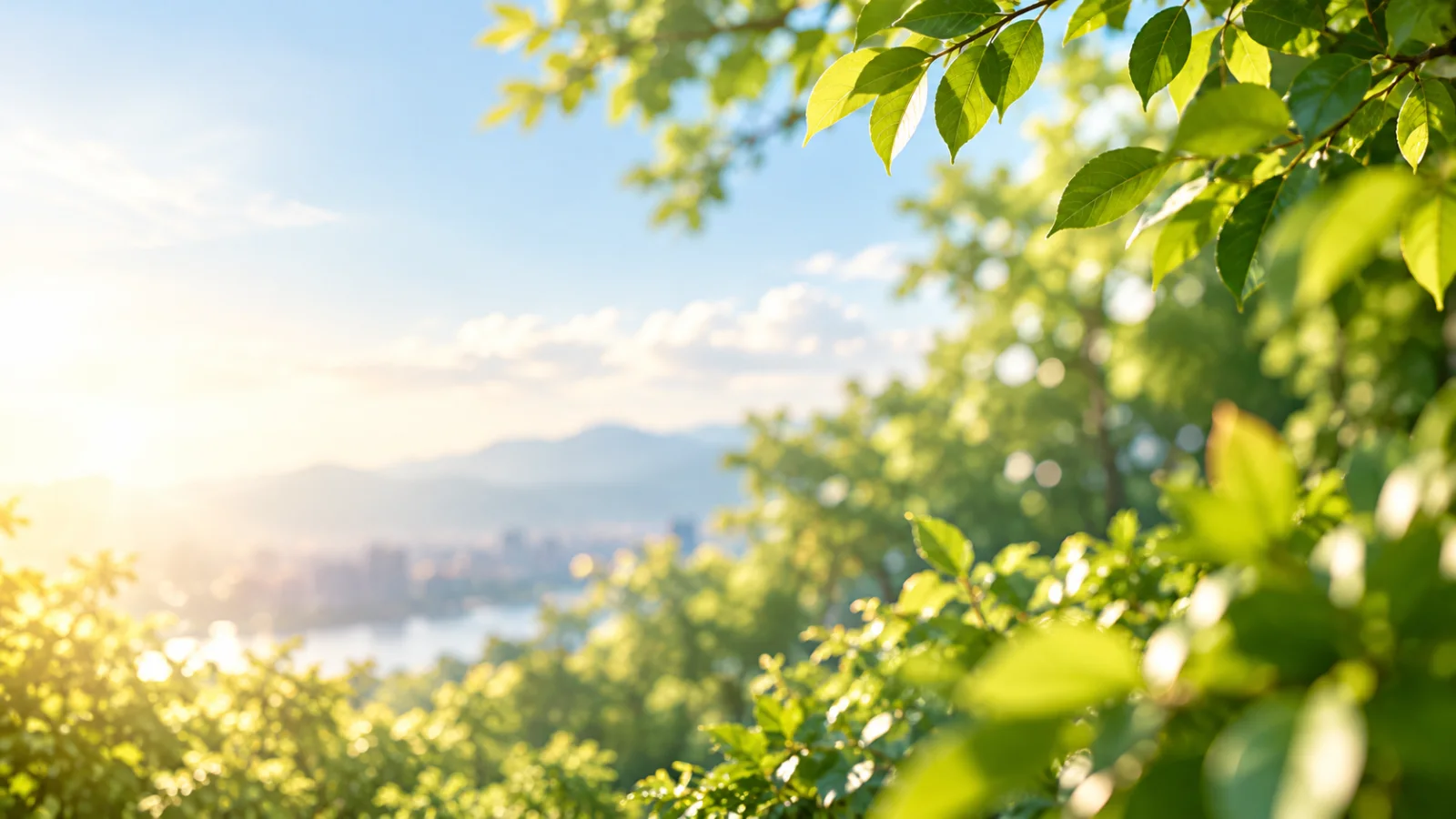 晨光穿透葉片的意象圖：遠山與水域在柔焦背景中（生成式影像）。