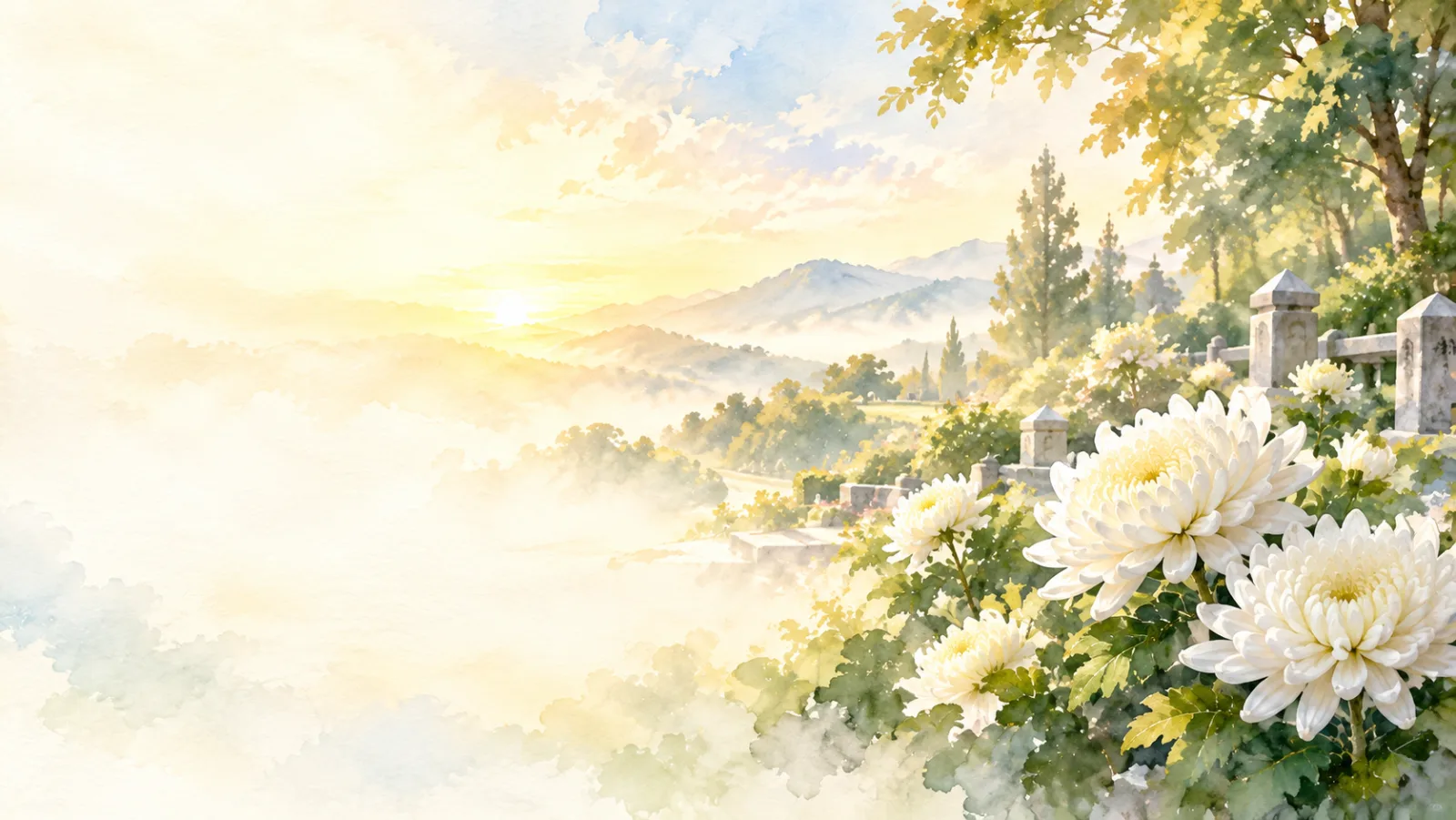 水彩風格的山林晨曦意象：雲霧山谷、白色菊花與石欄杆（生成式影像）。