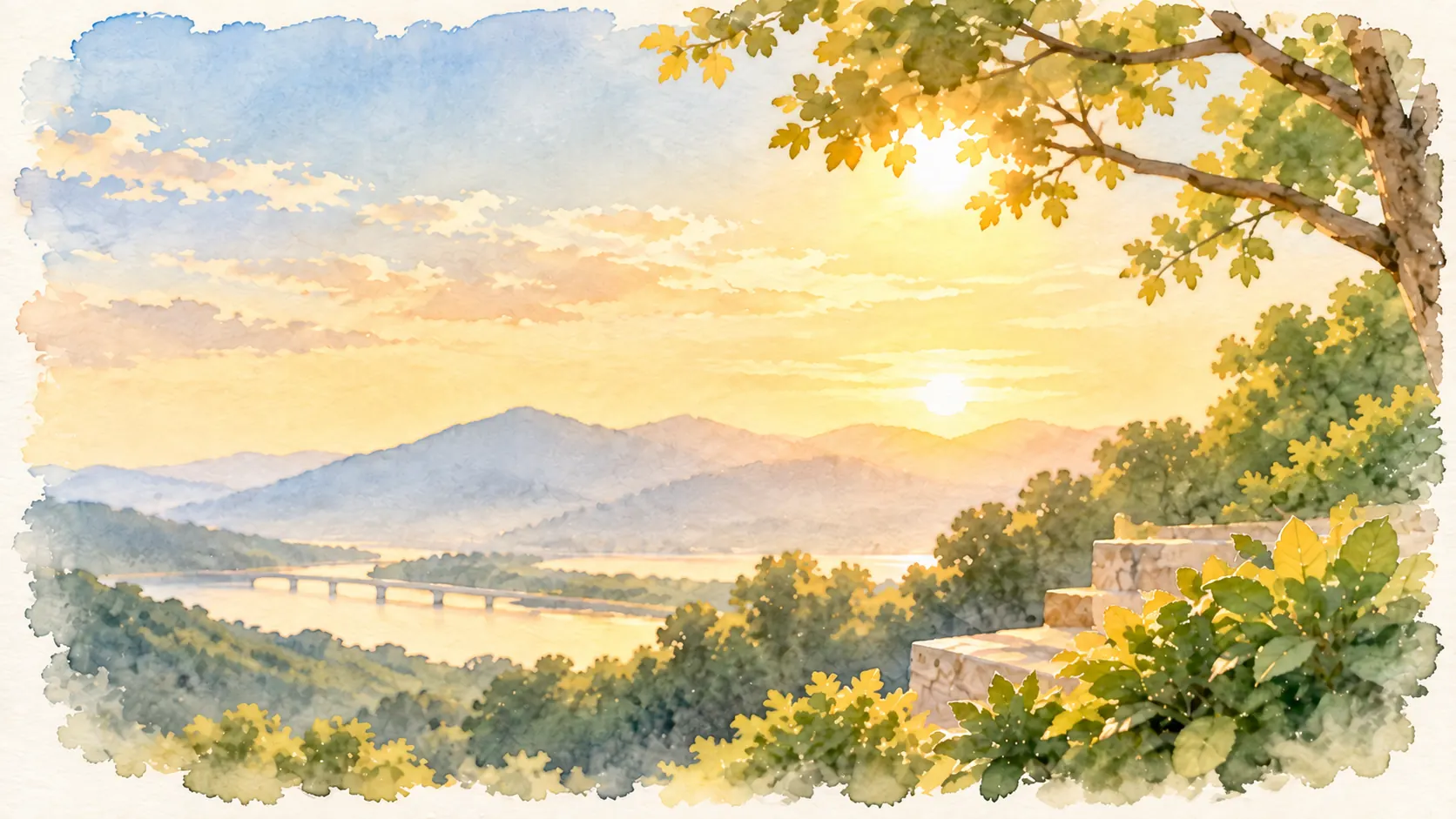 水彩畫：金色夕照灑在山谷、河面與遠處的橋上，畫紙四緣留有手撕痕。