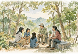 公共生活構想插畫：不同世代在林間平等圍坐、傾聽與交談，不替任何家庭預設答案。